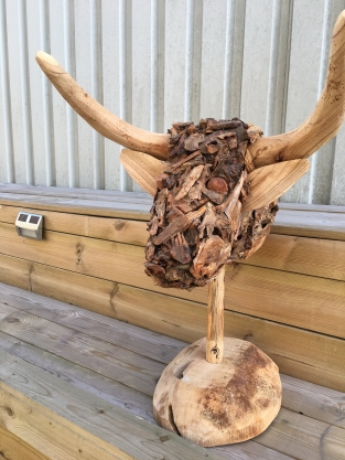 Bull's head made entirely of wood, a Monfort, very special work of art.